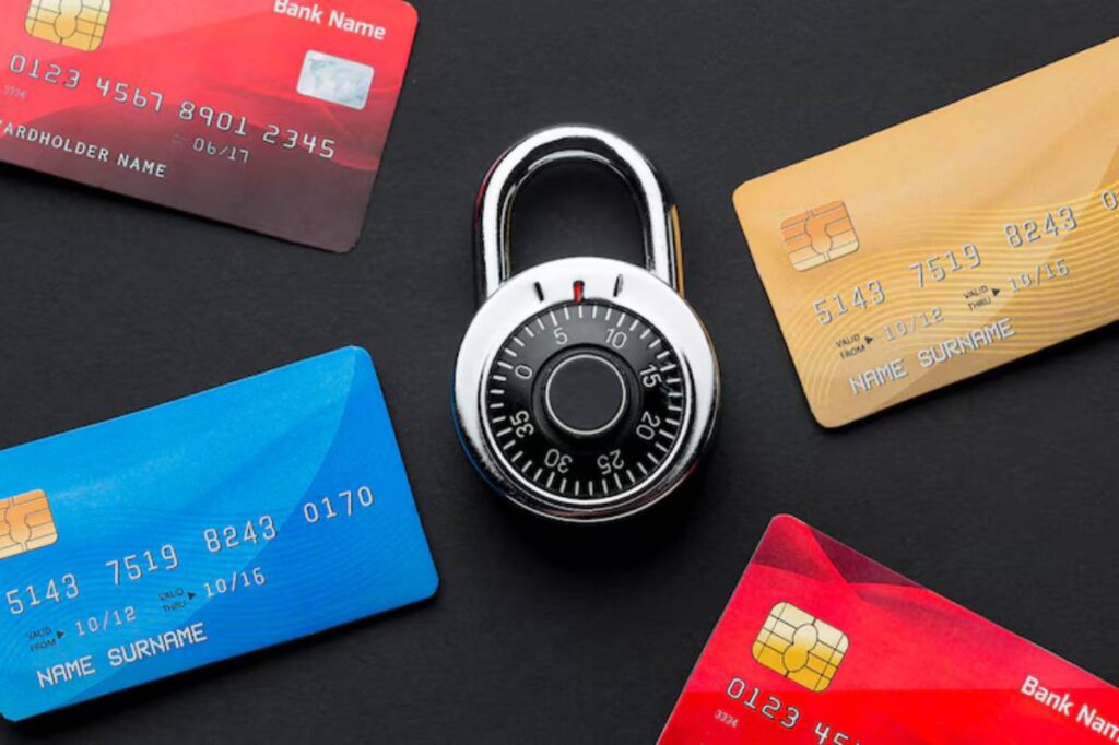 A silver combination lock sits center, surrounded by various credit cards on a black background, symbolizing financial security.