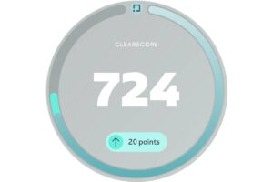 A ClearScore report displaying a credit score of 724, with an increase of 20 points indicated below.