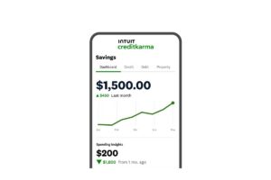 A smartphone screen displaying Credit Karma Savings dashboard, showing a balance of $1,500 and an increase of $450 over the last month.