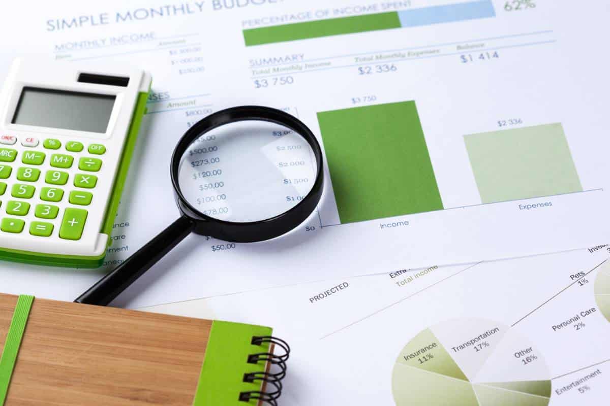 A calculator, magnifying glass, and financial documents displaying a monthly budget summary, income, and expense breakdown graphs.
