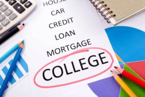 A list of financial terms with college highlighted, surrounded by a calculator, colored pencils, and graphs.