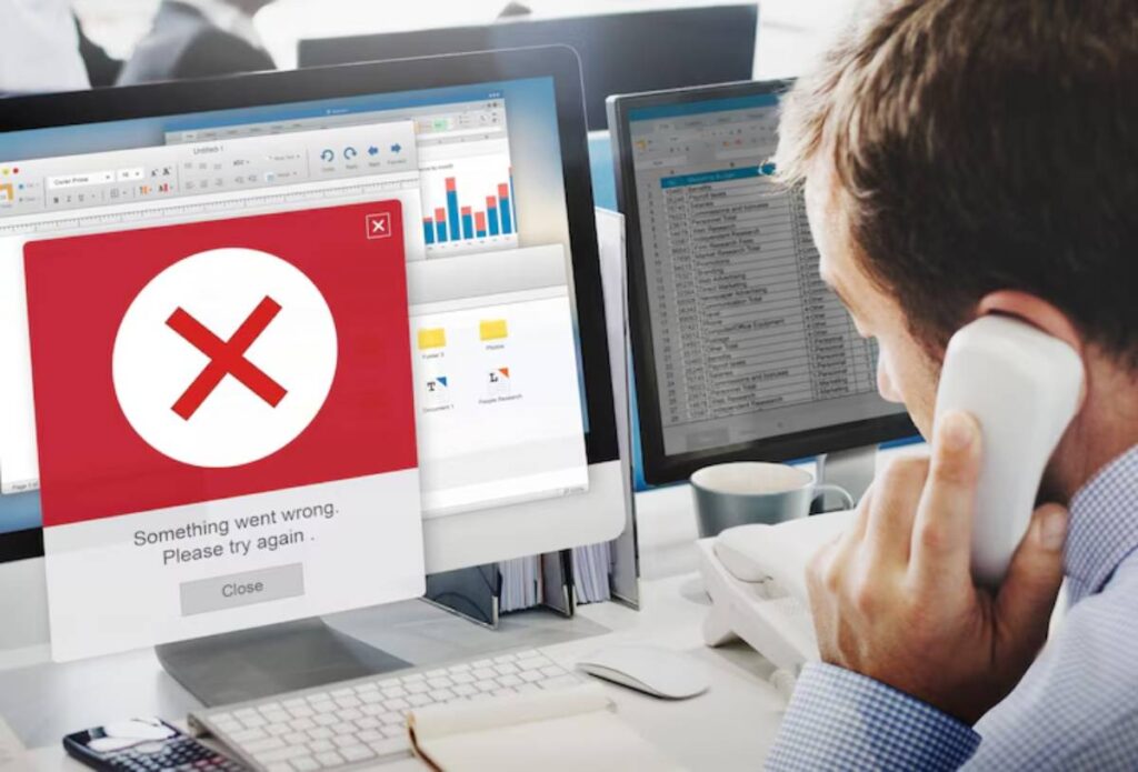 A frustrated man on the phone faces a computer error message reading, Something went wrong. Please try again. on his desk.